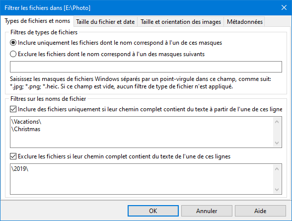 Filtre de diaporama de photos de nom de fichier