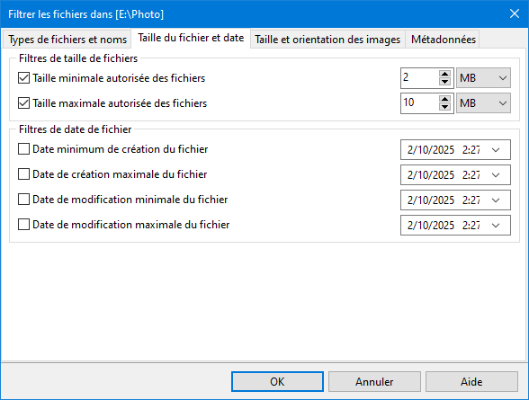 Filtres de taille et de date des fichiers photo
