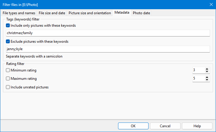 Filter photos in a slideshow by keywords or rating