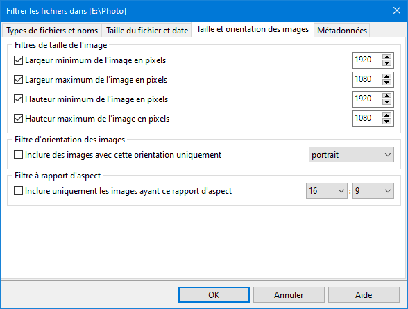 Filtre d'orientation et de format d'image des photos