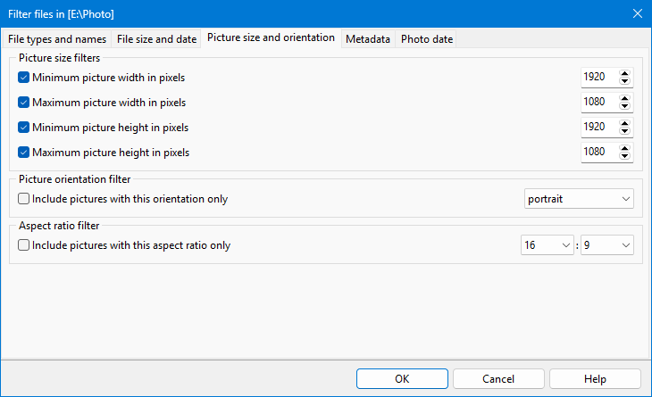 Filtre d'orientation et de format d'image des photos