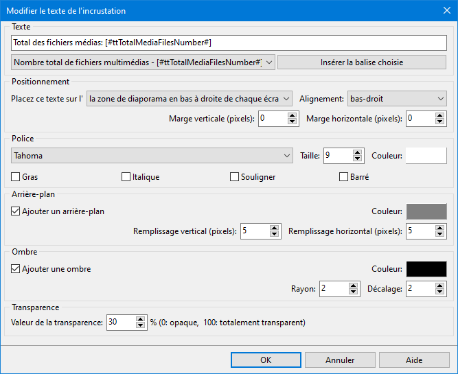 Configurer le texte de superposition pour le diaporama de photos